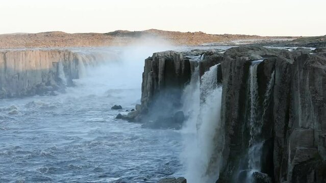 Landscape of water crashing at Gullfoss multiple waterfalls in Iceland
