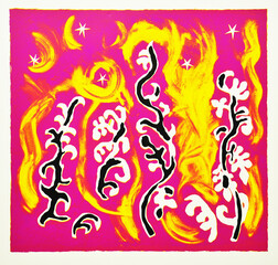 Abstract drawing with figures resembling dancing flowers in pink, yellow, white, and black in fauvism style 
