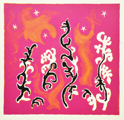 Abstract drawing with flower-like figures in pink, white and black in fauvism style 