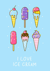 Cartoon ice cream on blue background for Your sweet design