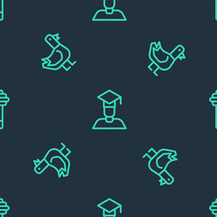 Set line Graduate and graduation cap, Dove and Honey dipper stick on seamless pattern. Vector