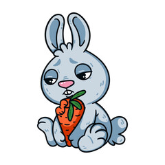 Sad little easter bunny with bitten carrot. Rabbit the symbol of 2023 lunar chinese new year. Hare with unhappy eyes and vegetable. Farm animal vector illustration isolated white background.
