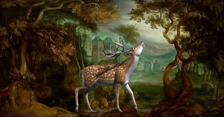 Forest deer on the background of nature 3d illustration
