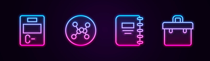 Set line Exam paper with incorrect answers, Chemical formula, Notebook and Briefcase. Glowing neon icon. Vector