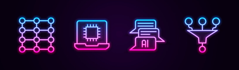 Set line Neural network, Processor CPU, Chat bot and Funnel filter. Glowing neon icon. Vector