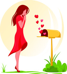 A girl received a love message. Opened post box with hearts flying away and surprised woman. Vector illustration concept of love letters, cartoon style