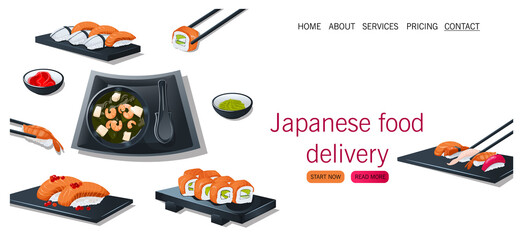 Banner design for Chinese food. Sashimi sushi and rolls, miso soups. Vector illustration for poster, banner, cover, flyer, menu, advertisement.