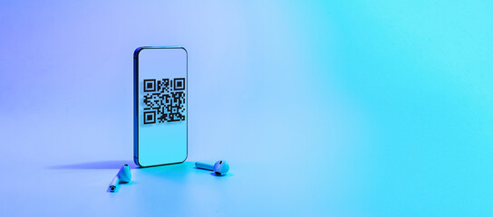 Qr code payment. Digital mobile smart phone with qr code scanner on smartphone screen for pay, scan barcode technology on neon background. Online shopping, cashless society technology concept. - Powered by Adobe