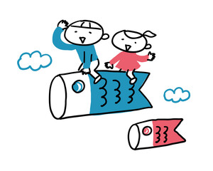 鯉のぼりに乗っている男の子と女の子