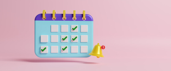 Yellow notification bell ringing and calendar icon symbol marked schedule, business planning, alarm sign, event date message and timetable on the pink background, 3d rendering illustration