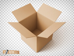 Vector realistic illustration of a brown cardboard box on a transparent background.
