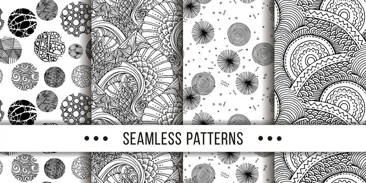 Set of samless ornate, doodle hand-drawn abstract patterns. Ink sketch texture, rough hatching drawing image