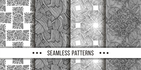 Fototapeta na wymiar Set of samless ornate, doodle hand-drawn abstract patterns. Ink sketch texture, rough hatching drawing image