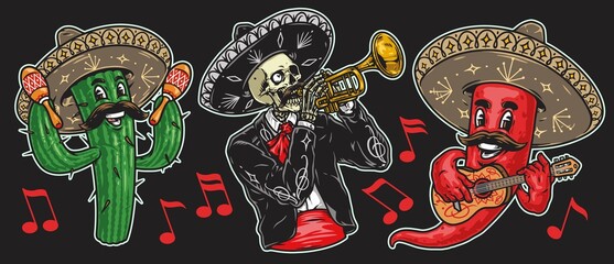 Mexican performers colorful vintage stickers