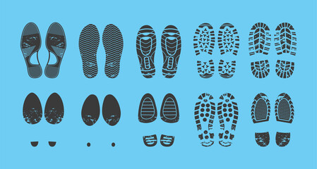 Human shoes blue footprint set. Shoe soles print of tread, boots, sneakers, footgear on heels