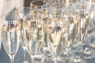 catering. beautiful glasses of champagne with bubbles on the table in the sun. serving. party. wedding