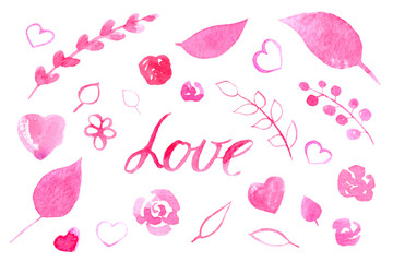 Pink flower, leaves, branches and hearts. Set of watercolor hand draw illustration. Suitable for cards or invitations. Isolated on white background.