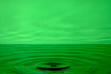 Naklejka na ściany i meble Bright green background with diverging circles from dropped drop on surface water.