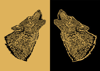 Howling wild wolf engraved sketch