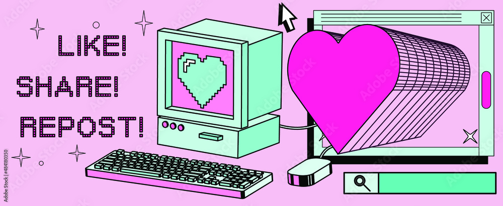 Poster retro pc machine with crt monitor and keyboard. vaporwave style vector illustration in pastel colors