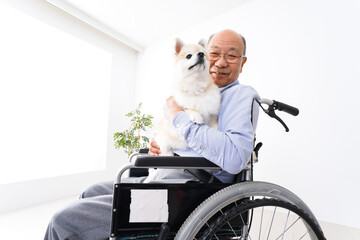 犬を飼う車椅子に乗った高齢の男性