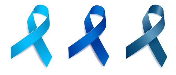 Set of tree blue ribbon awareness Arthritis, Men s health, Prostate cancer, Congenital and Genetic Diseases. Isolated on white background. Vector illustration