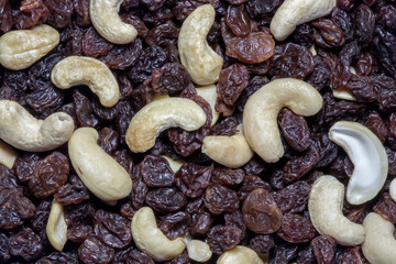 Cashew Nuts and Raisins Mixture Closeup View