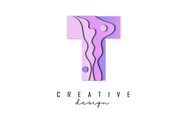 Letter T Logo with pop art and paper cut effectt. Geometric vector illustration.