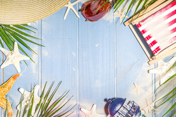 Summer beach holiday  vacation and travel background with deck chair, Lifebuoy, cocktail, tropical...