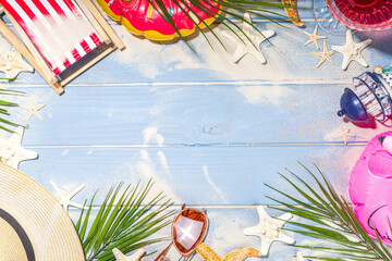 Summer beach holiday  vacation and travel background with deck chair, Lifebuoy, cocktail, tropical...