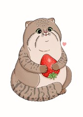 Cute little manual, cat with red strawberry