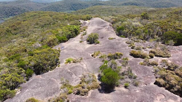Aerial drone shot of Patonga Beach bushland Elephant Rock formation tourism sightseeing Brisbane Water National Park Central Coast NSW Australia 4K