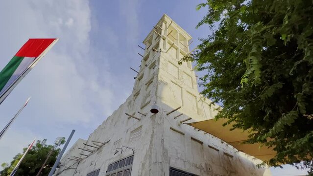 Looking Up Of Wind Tower At Traditional Building In Al Fahidi, Dubai, UAE. - low angle, dolly