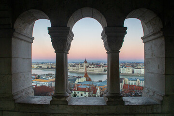 View over the city from the Fisherman's Bastion at sunset, in winter. Budapest, Hungary.