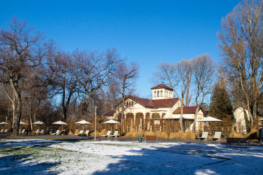 Holdudvar building on Margit-Sziget island in winter. Budapest, Hungary.