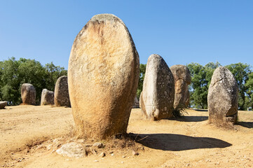 neolithic stones circle  on  Almendres Cromlech  a megalithic complex of more than 100 stones in...