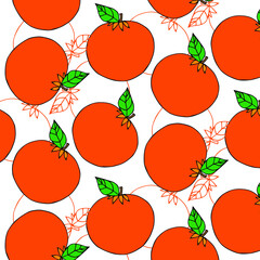 Seamless pattern of oranges and leaves on white. Fruit vector background