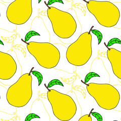 Seamless pattern of hand drawn yellow pears isolated on white background. Cute deisgn for markets, packages, wrapping paper, prints.