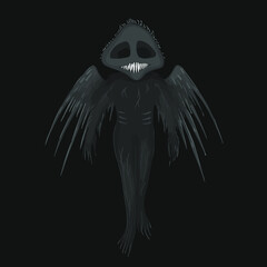 Terrible monster with wings and empty eye sockets. Hand drawn illustration