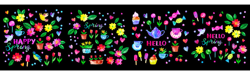 Spring season background with flowers, birds, hearts, teapot, cup, cake, candy, popsicles