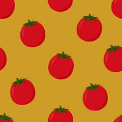 Seamless pattern with tomatoes. Yellow background. Vector illustration