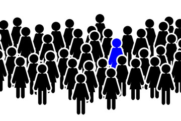 Crowd of men and women, black icons isolated on white background, one of them standing out in blue color