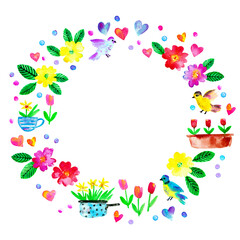 Spring season wreath background with flowers, birds, hearts, tulips, daffodils, primrose
