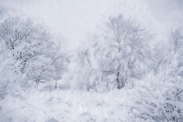 Digital painting of a rural winter snow scene on Wetley Moor, Staffordshire, UK.