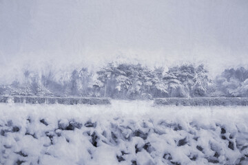 Digital painting of a rural winter snow scene on Wetley Moor, Staffordshire, UK.