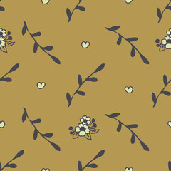 Seamless vector  pattern with flower twig on beige background. Simple vintage floral wallpaper design. Decorative foliage fashion textile.