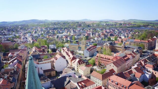 Aerial drone flight over Zittau City in Saxony, Germany