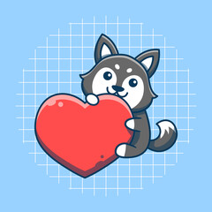 Cute husky dog character hugging heart vector illustration. Flat cartoon style. Isolated cute husky dog concept. Valentine theme.