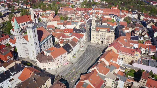 Aerial drone flight over Zittau City in Saxony, Germany