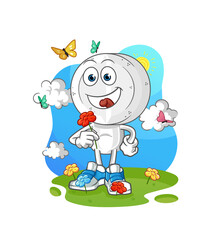 medicine tablet head cartoon pick flowers in spring. character vector